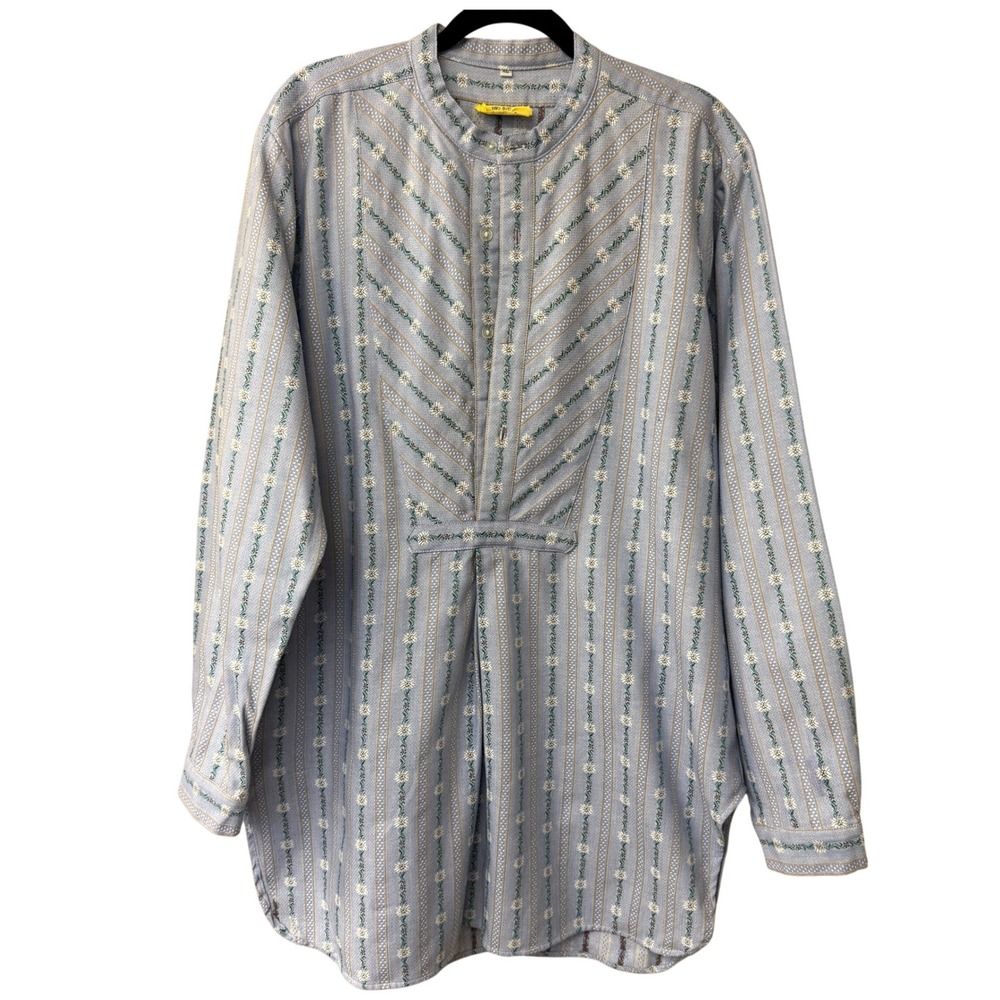 Vintage Cottage Blue Floral Stripe Cotton Tunic Shirt Band Collar Heavyweight